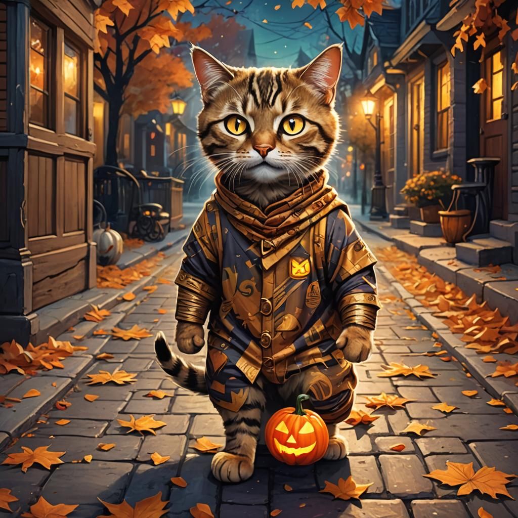Cat Mummy Costume on Halloween Night: Digital Art