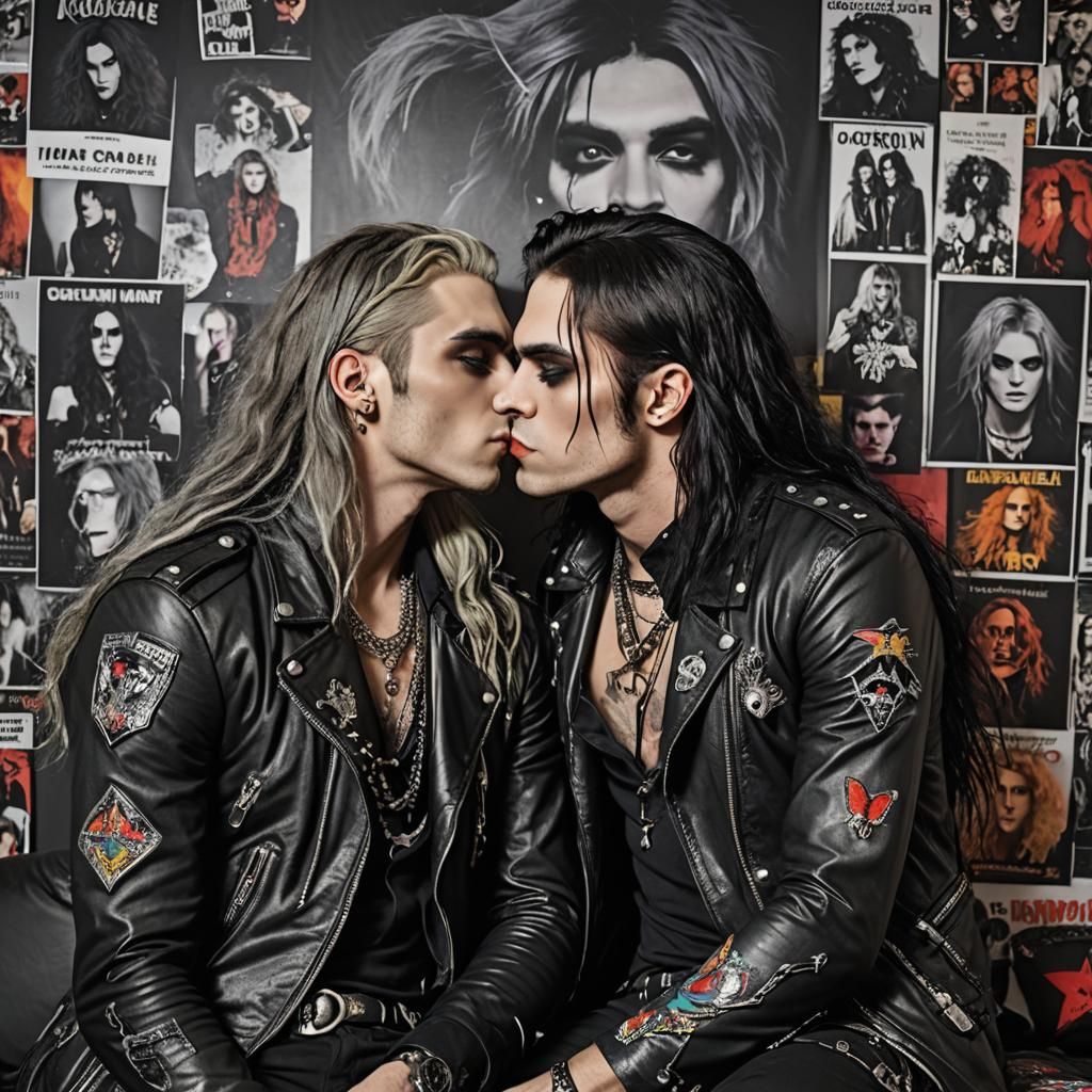 Gothic Young Men Kissing in Rockstar Room