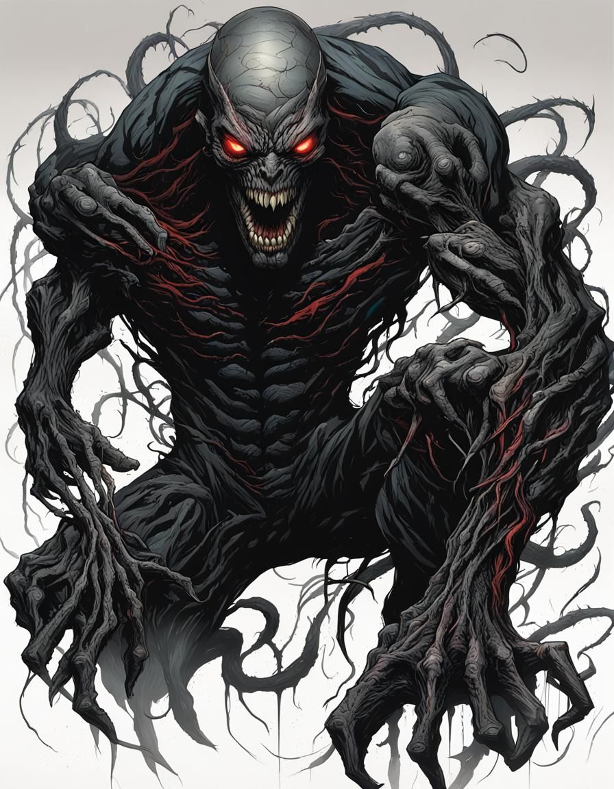 Terrifying Symbiotic Entity in Dark Comic Style