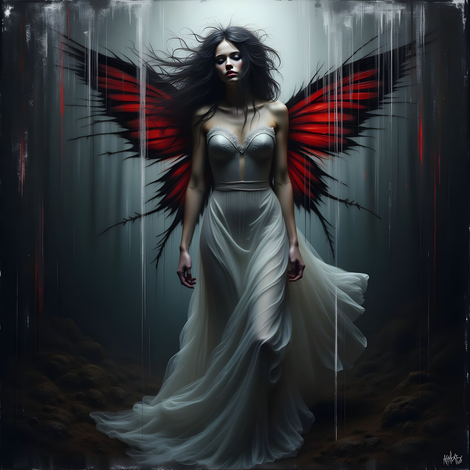 Glitch Fairy Underwater Painting with Black and Red Wings