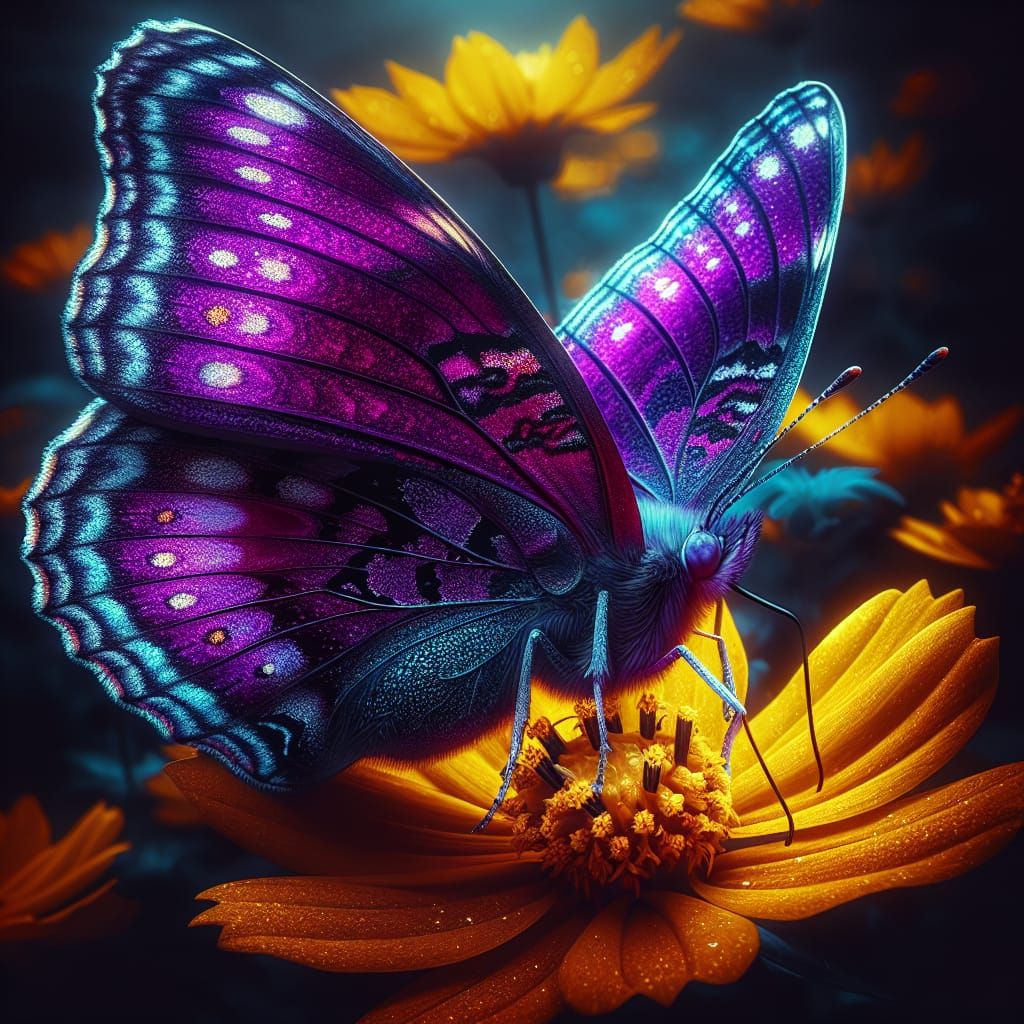 Iridescent Butterfly on Yellow Flower in HDR