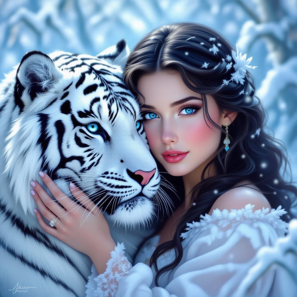Snow White Woman Embraces Snow Tiger in Forest