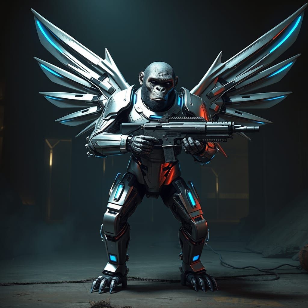 Cybernetic Space Ape in Robotic Armor with Wings and Blaster