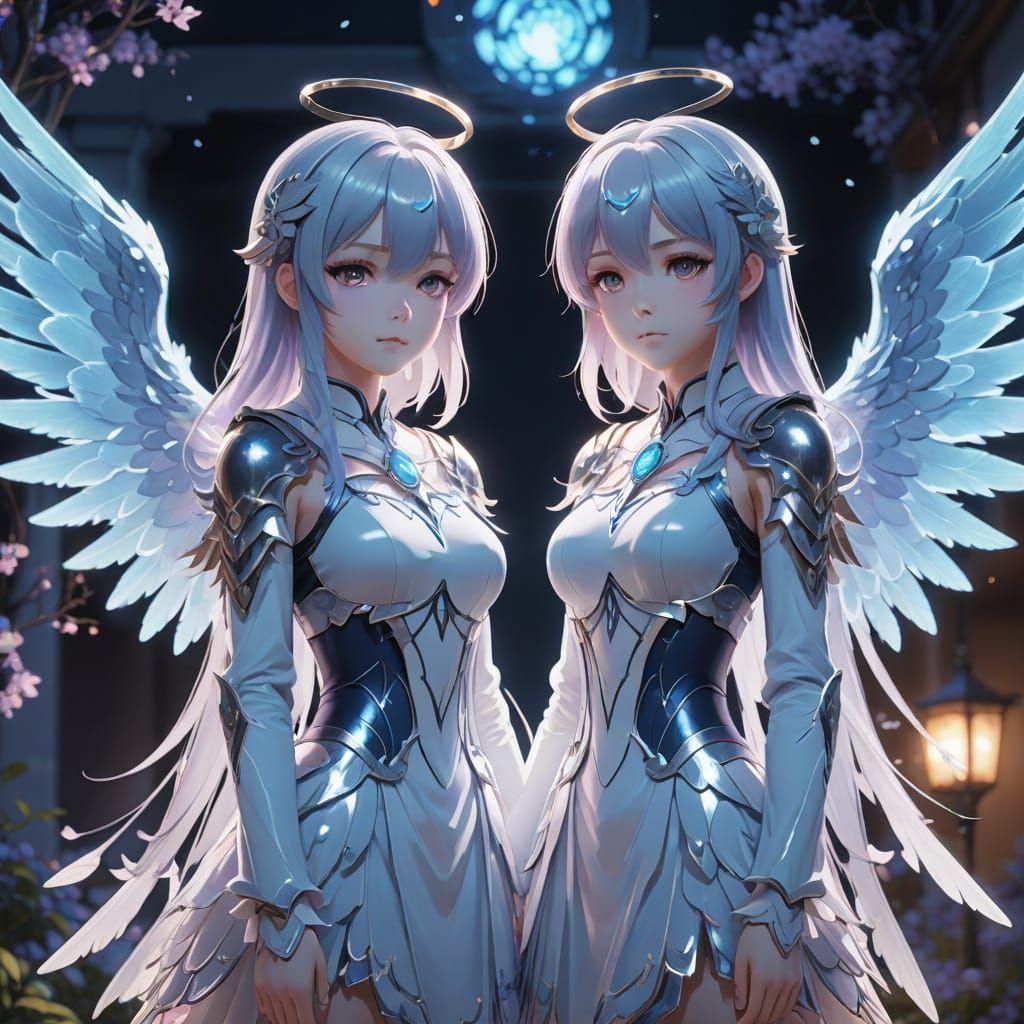 Glowing Moe Anime Ghost Twins with Delicate Wings