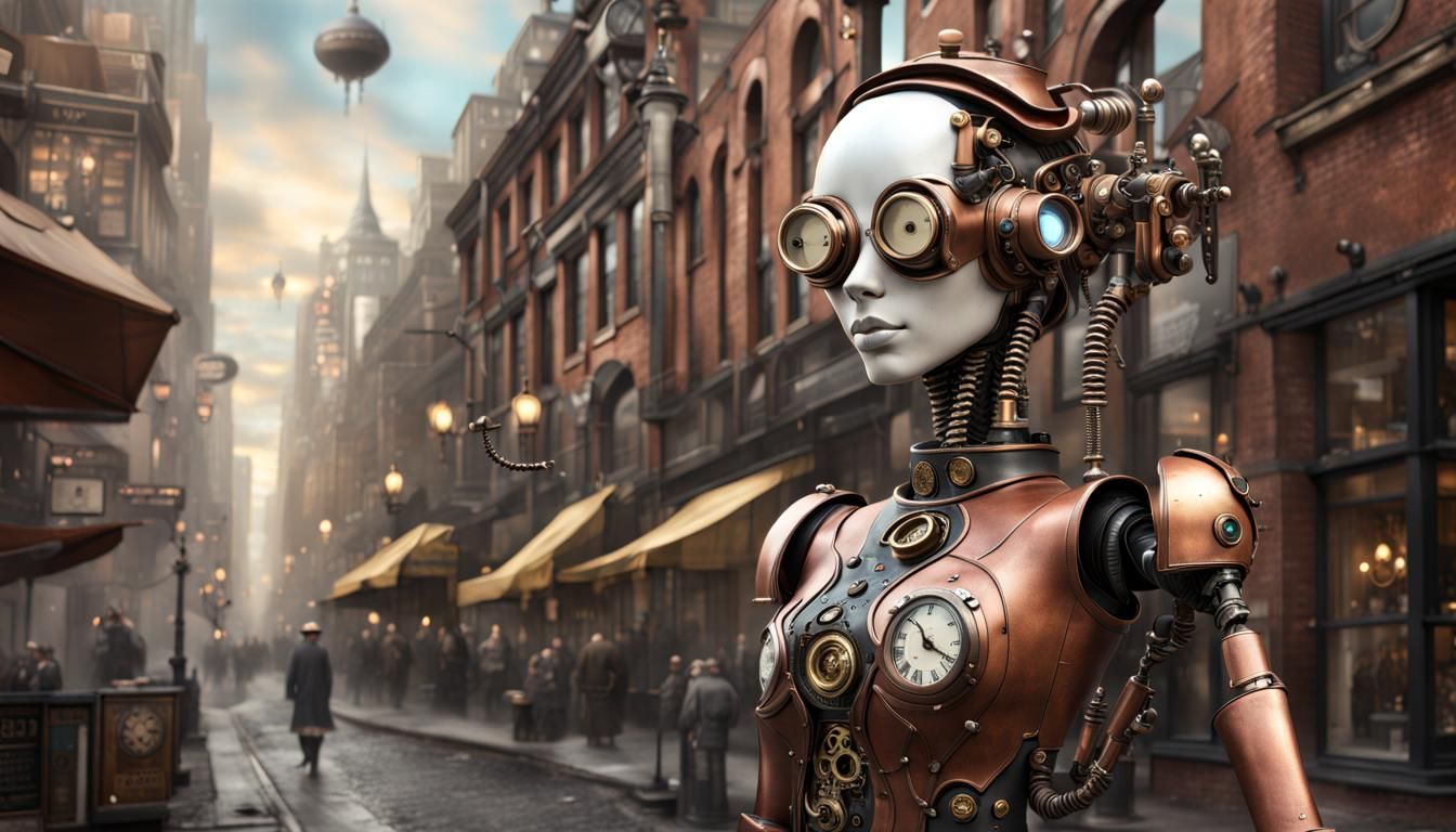 Steampunk Robot in Surreal Cityscape, Photorealistic