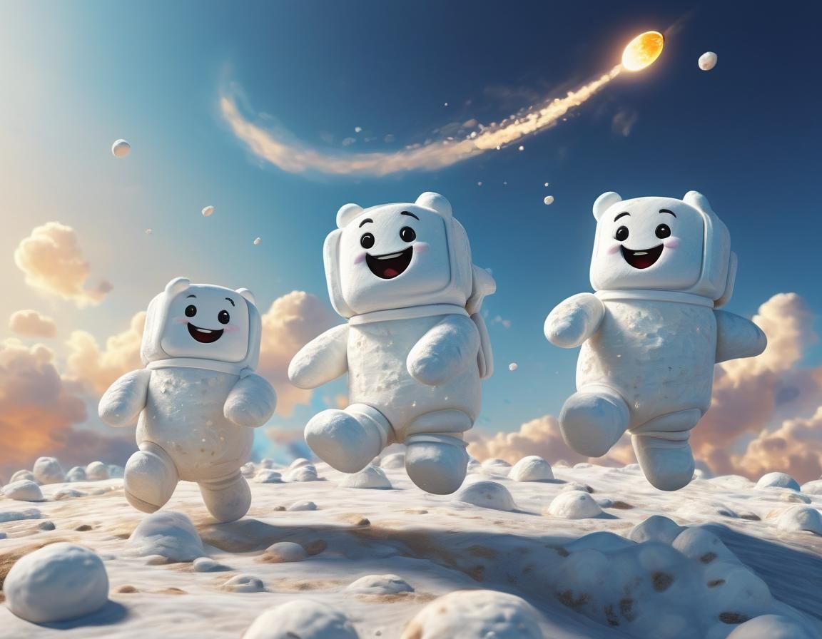 Happy Marshmallows Jumping on the Moon in Pixar Style