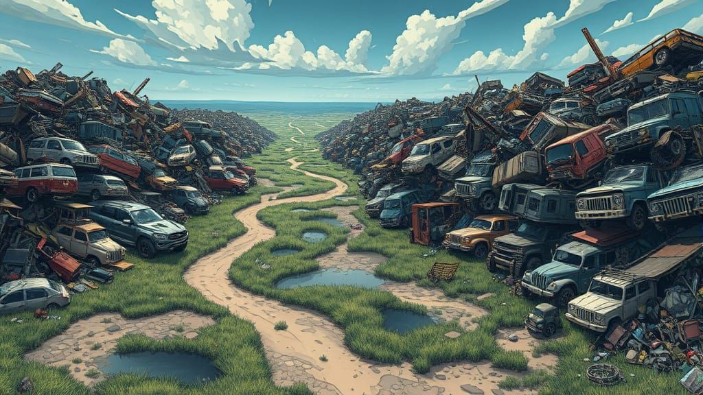 Desolate Scrapyard Landscape in Anime JRPG Style