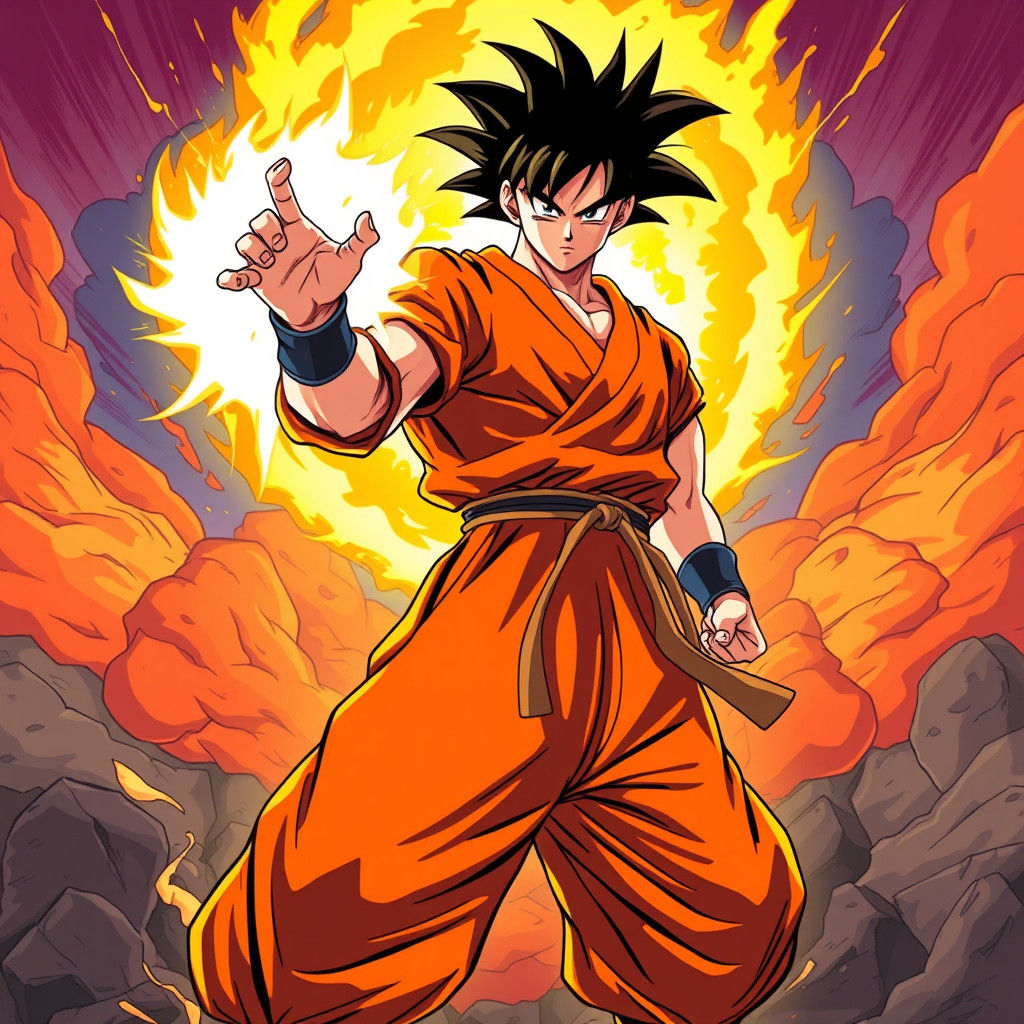 Powerful Warrior with Fiery Ki Blast in Anime Style