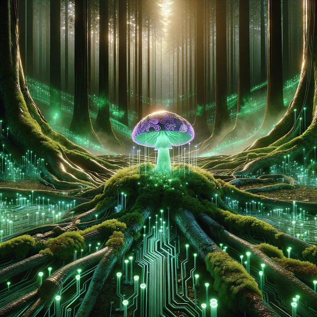 Ancient Forest Meets Cyberpunk Circuits in Cinematic Style