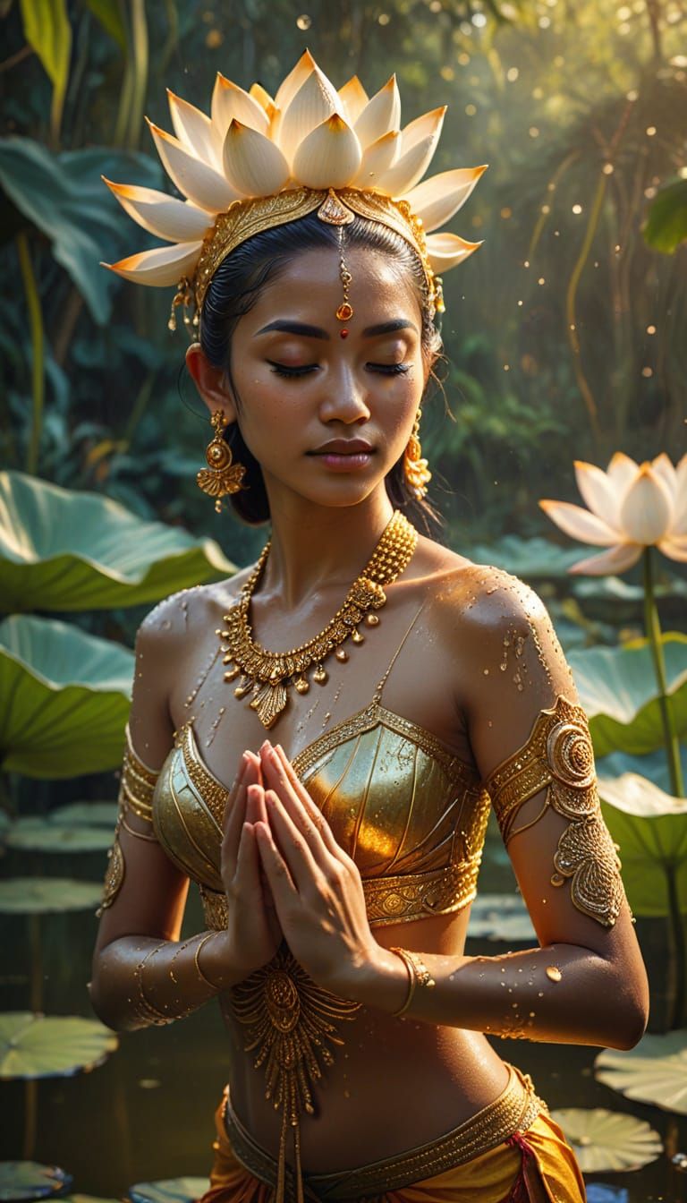 Balinese Dancer in Lotus Pond: Surreal Oil Painting