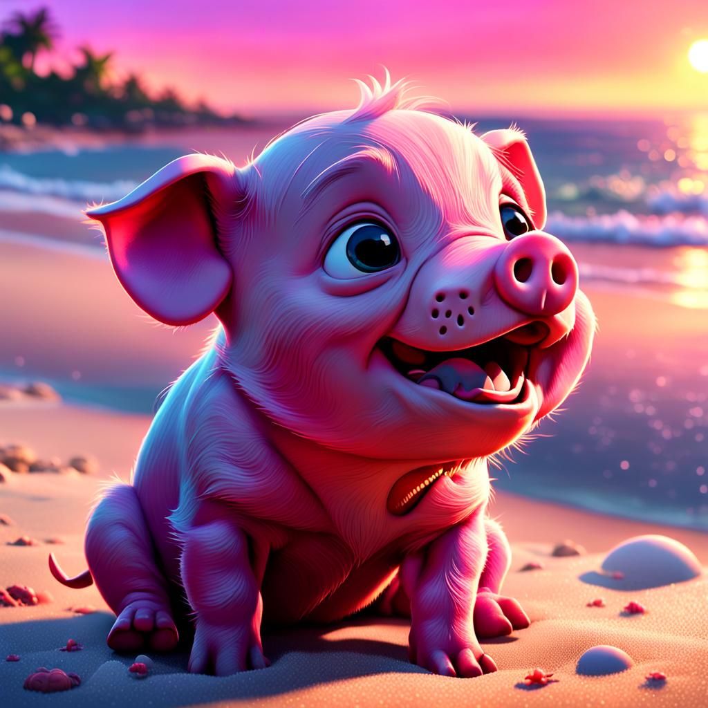 Crying Piglet on Beach at Sunset: 3D Digital Art