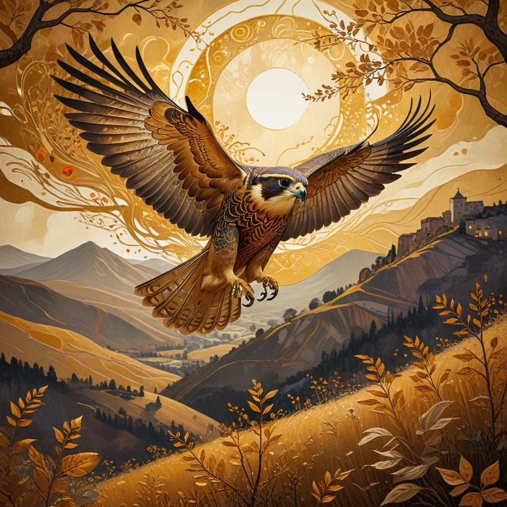 Golden Falcon Soars over a Dreamlike Hilly Landscape in Art ...