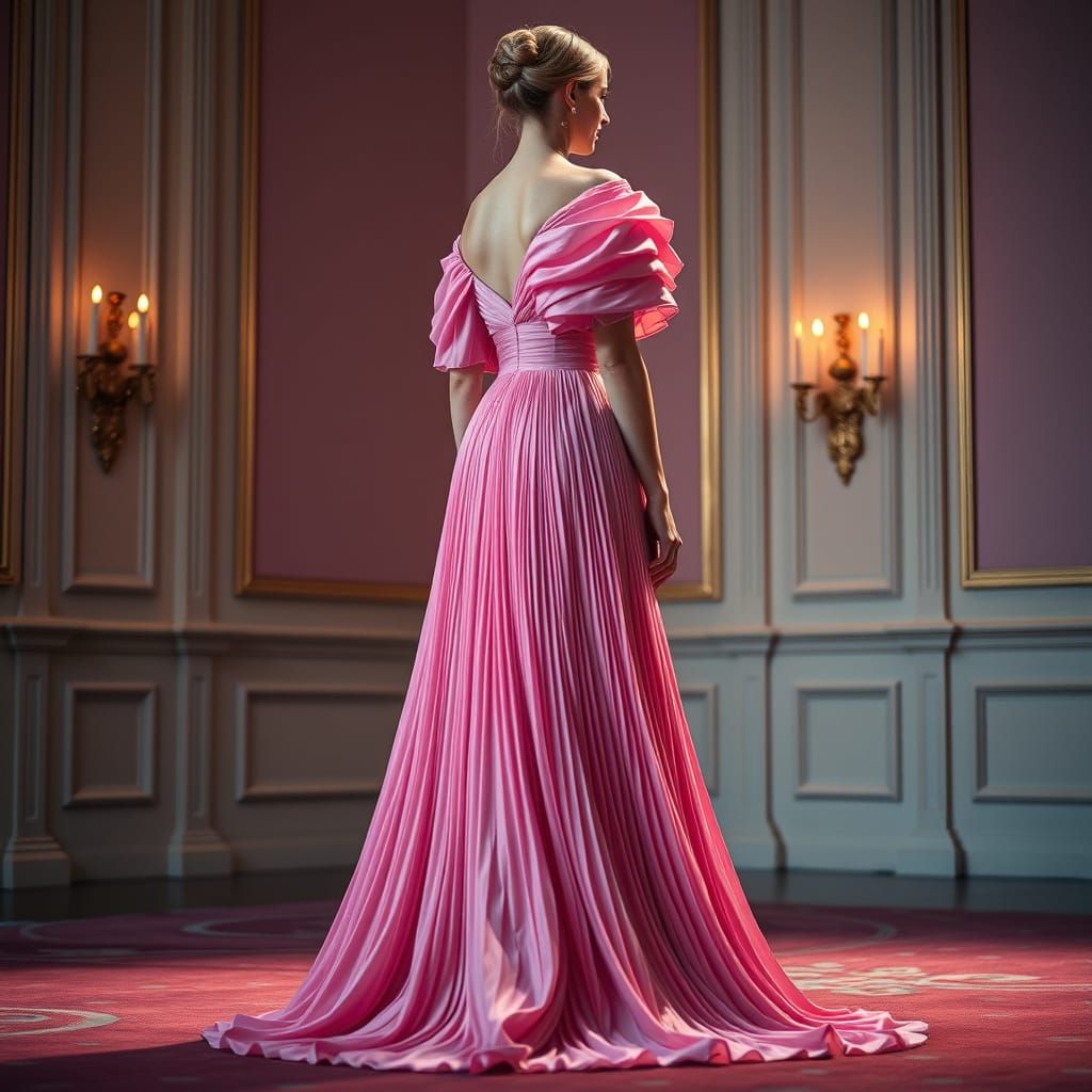 Woman in Elegant Pleated Pink Gown