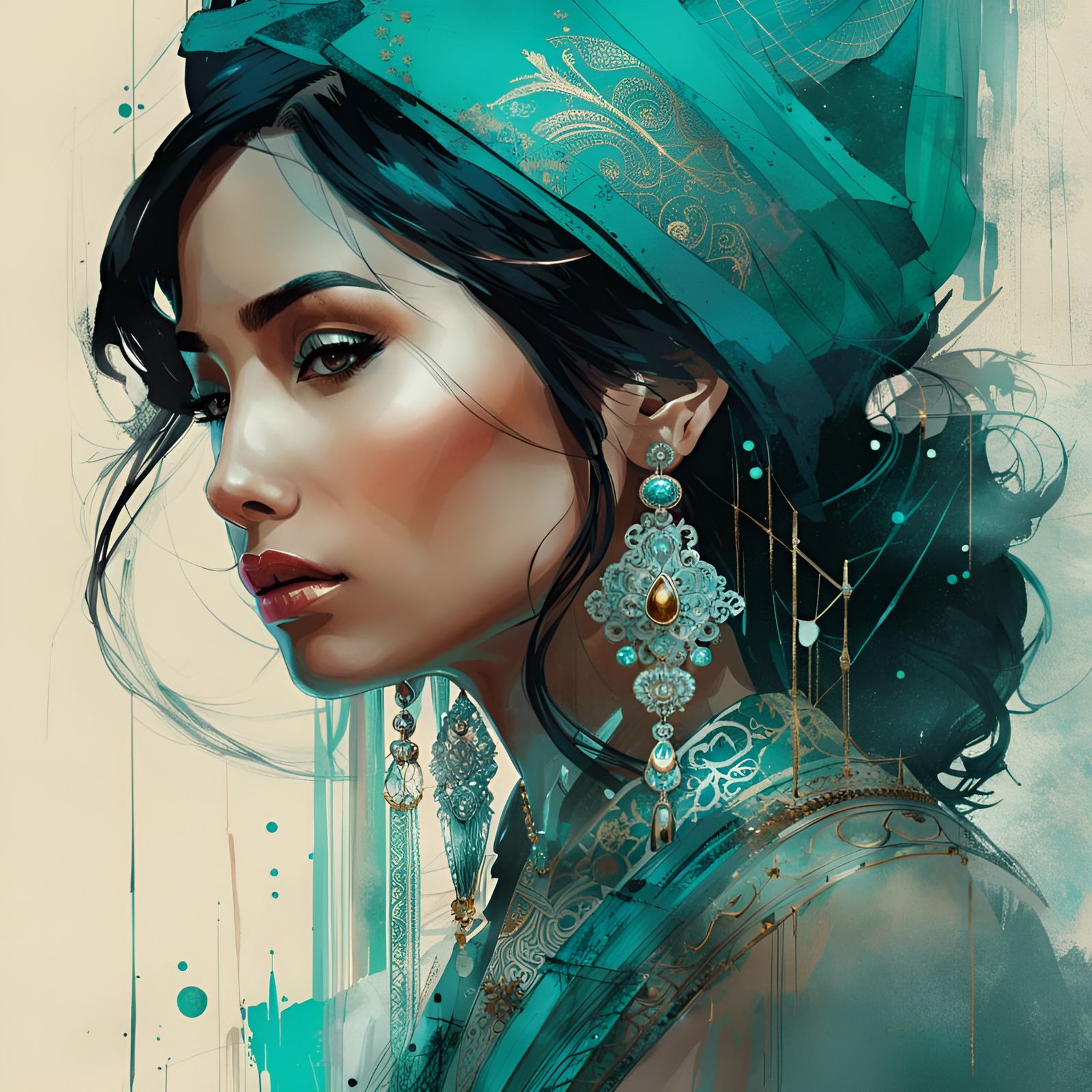 Princess Jasmine Portrait with Turquoise Filigree