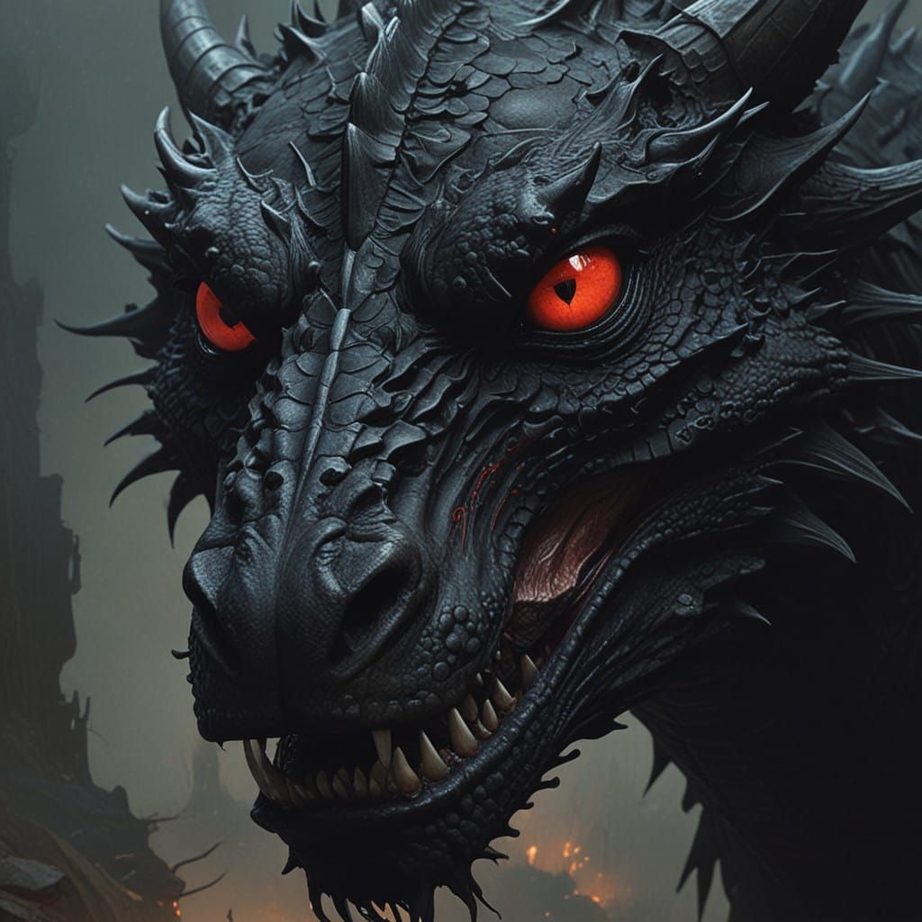 Epic Black Dragon with Glowing Red Eyes in Dark Fantasy Styl...
