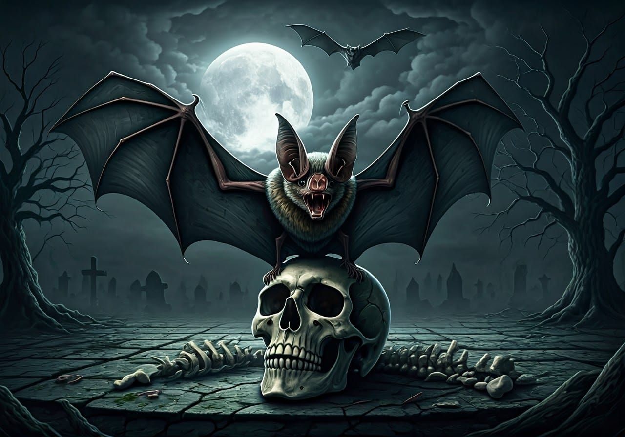 Menacing Bat Perched Atop Weathered Skull