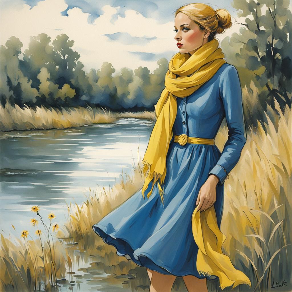 Whimsical Riverbank Illustration of Woman in Blue Dress