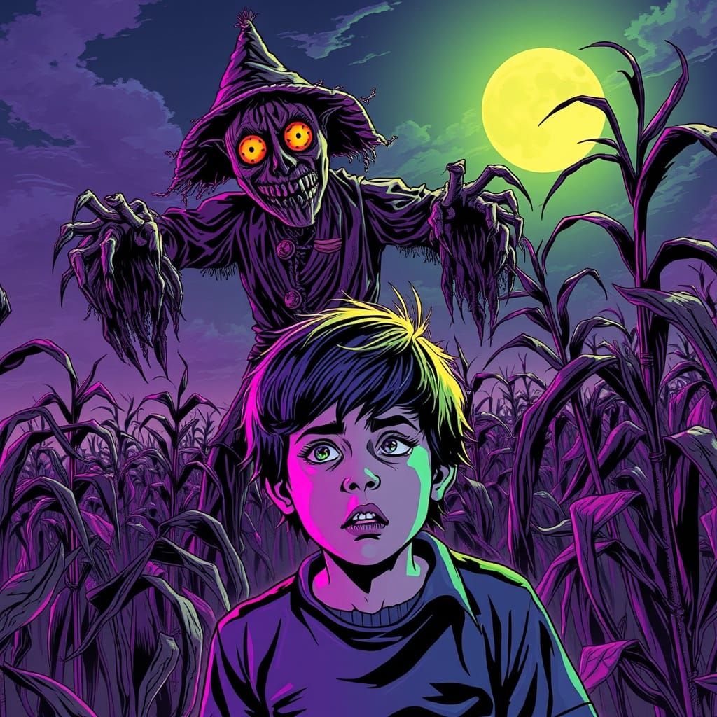Terrified Teen in Scarecrow Neon Horror Landscape