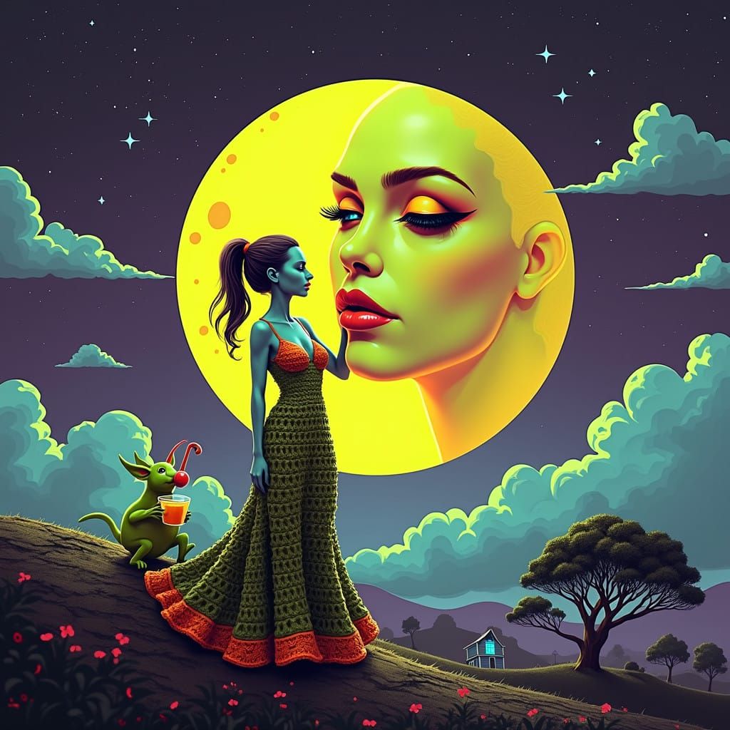 Surreal Female Figure Rises with Winking Moon in Cyberpunk S...