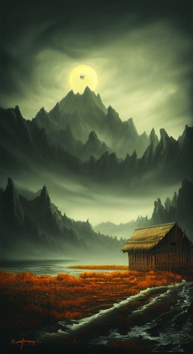 Ethereal Woodland Village Under Ominous Mountains