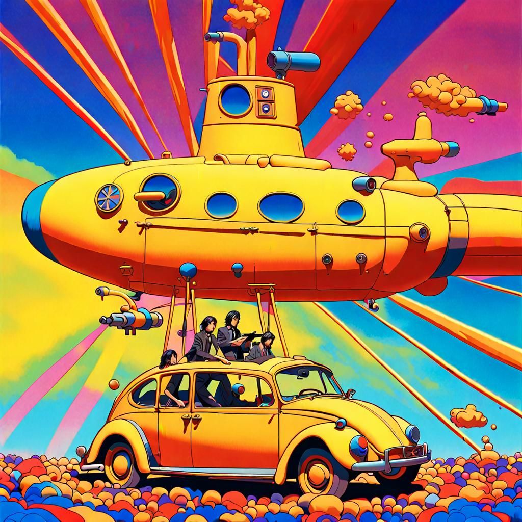 Tbe Beetles Yellow Submarine firing love paint bombs at the Blue meanies peter Max style all other imagery from film Spl...