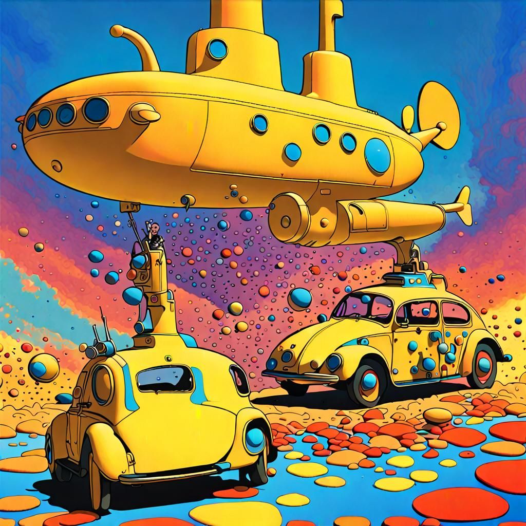 Tbe Beetles Yellow Submarine firing love paint bombs at the Blue meanies peter Max style all other imagery from film Spl...