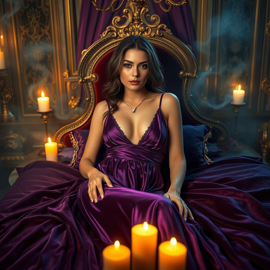 Dreamlike Velvet Queen in a Lavish, Mystical Setting
