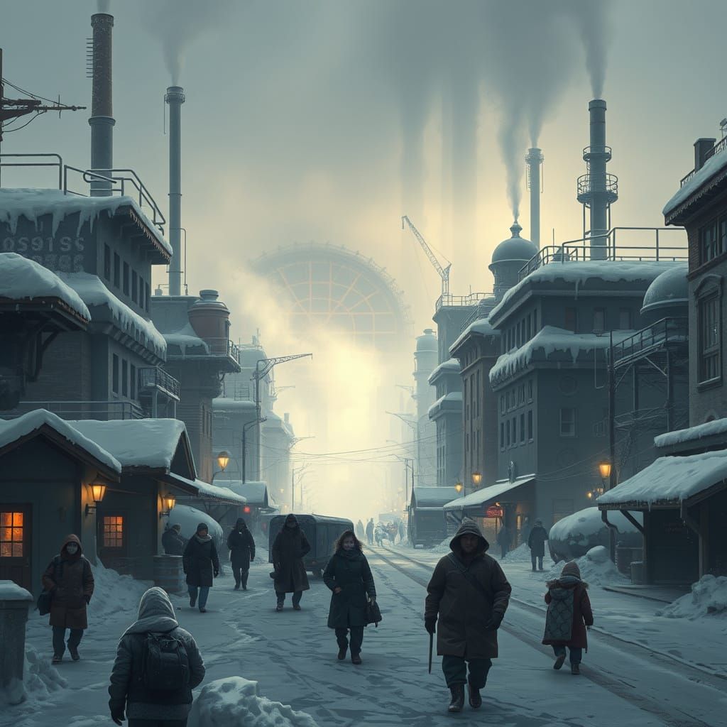 Gritty Industrial Futuristic Cityscape in Frosty Dystopia