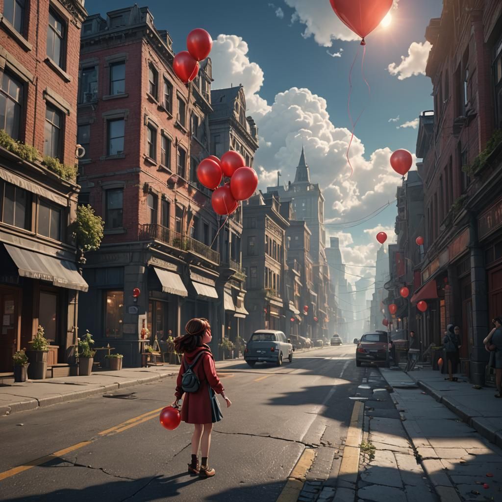 Girl with Red Balloon in City, Digital Art