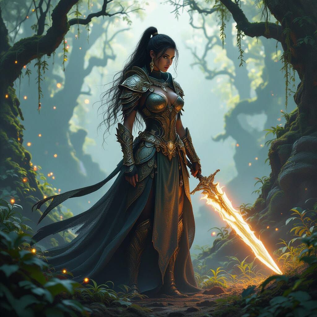 Fantasy Warrior in Mist-Shrouded Forest with Glowing Blade