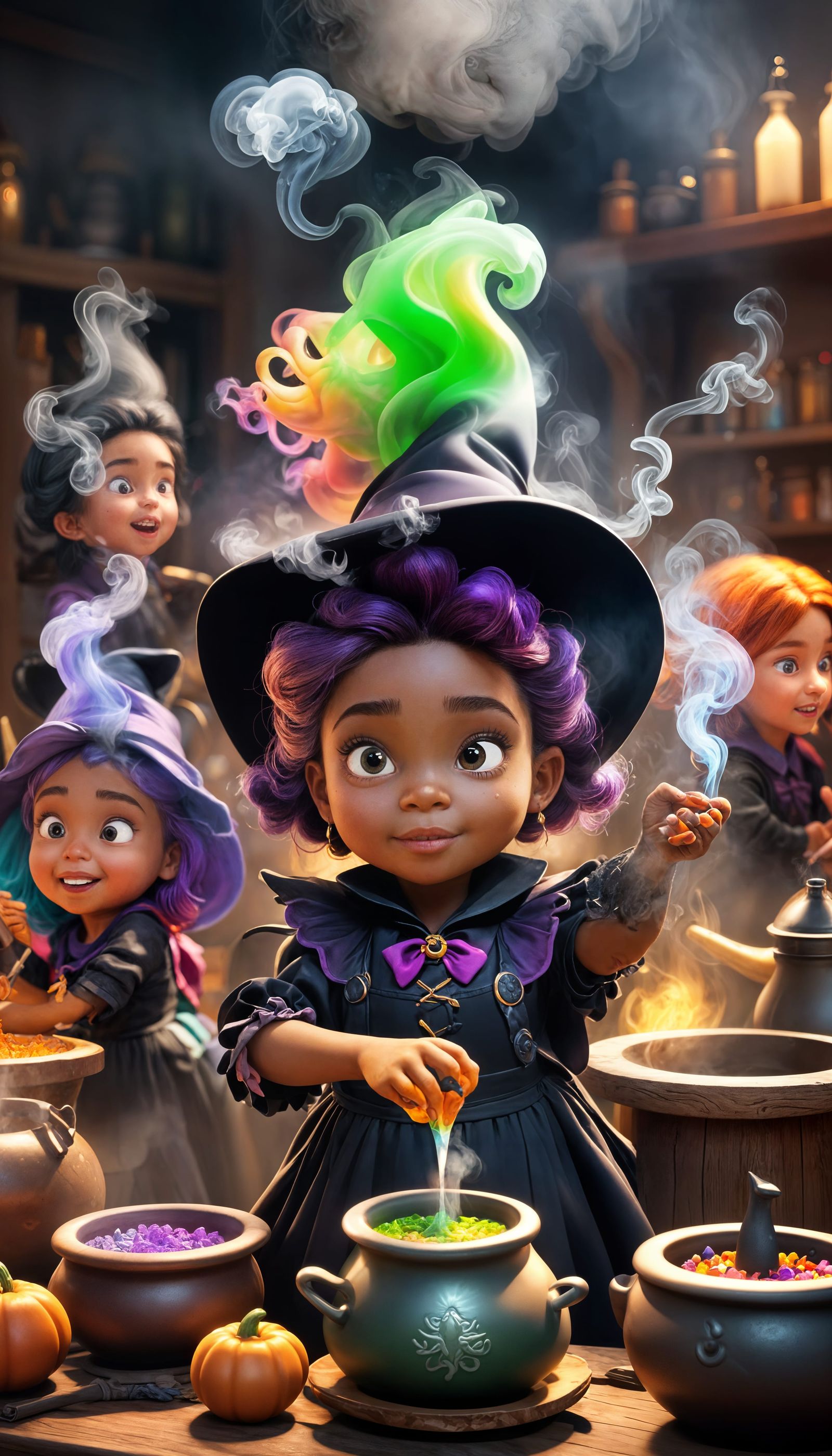 Toddler Witches Brewing Potions in 3D Digital Art