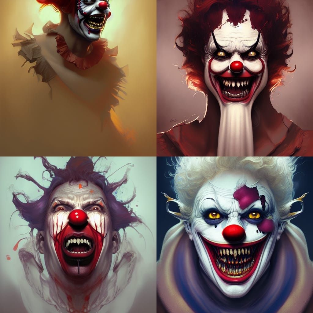 Menacing Clown Portrait with Flaming Hair, Digital Art