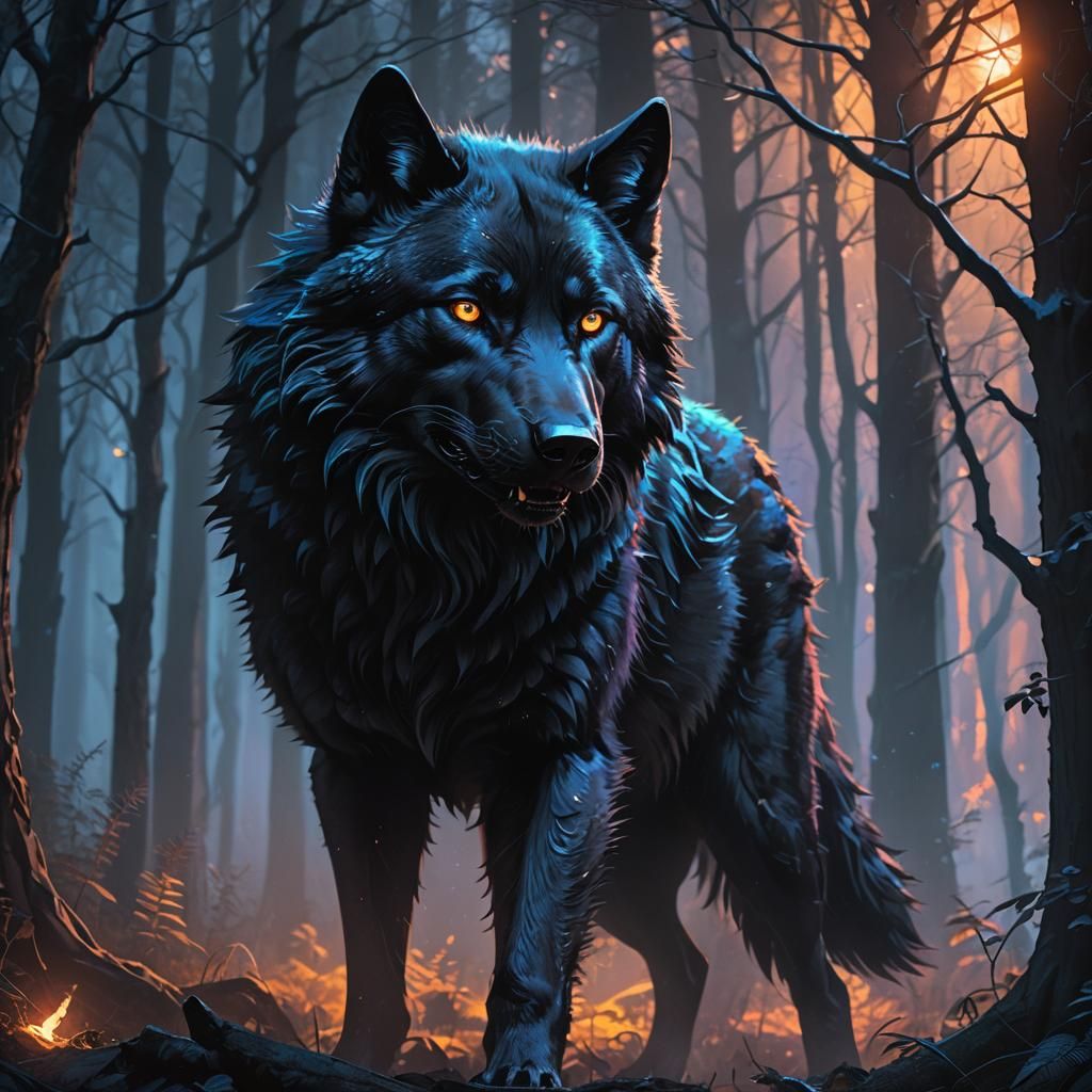 Fantasy Black Wolf with Blue Eyes in Dark Forest