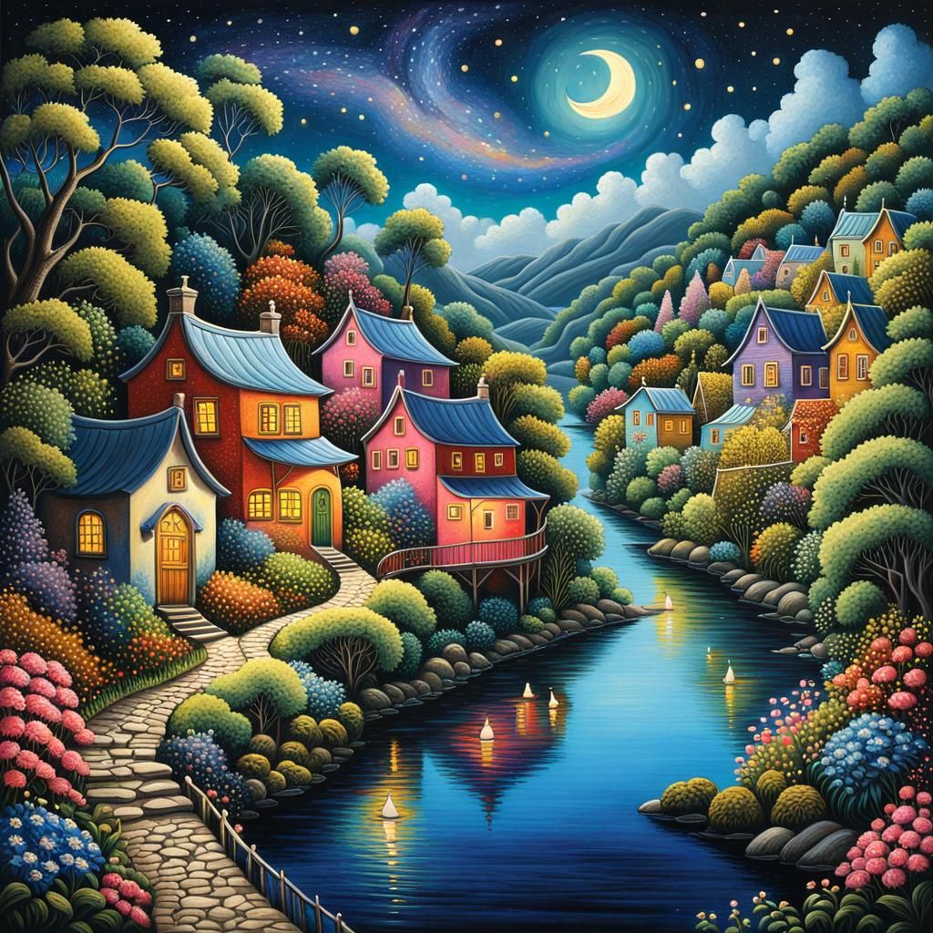 Naive Art Village Landscape Under Moonlight