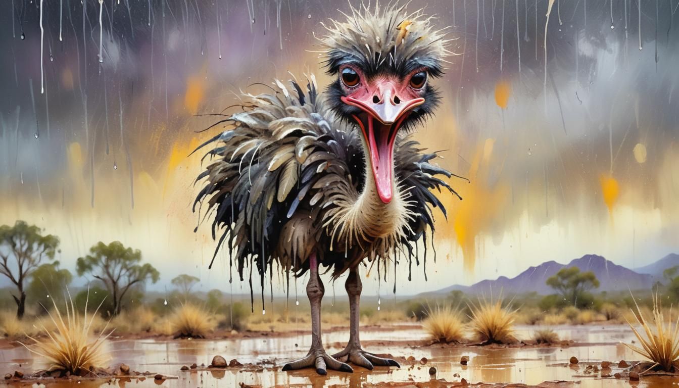 Expressionist Ostrich Portrait in Rainstorm