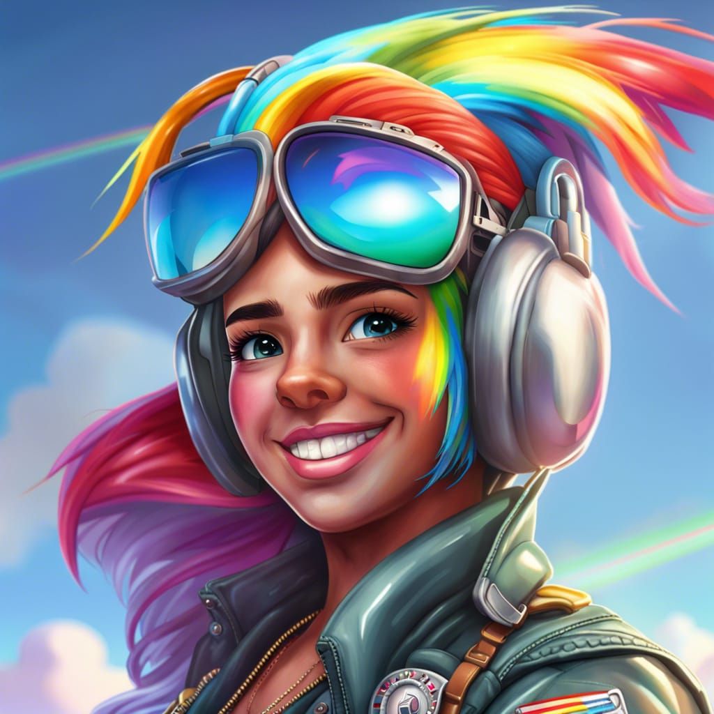 Rainbow Haired Pilot With Fighter Jet, Splash Art