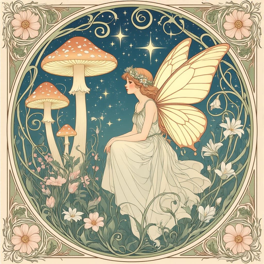 Fairies, Mushrooms, and Flowers in Art Nouveau Style