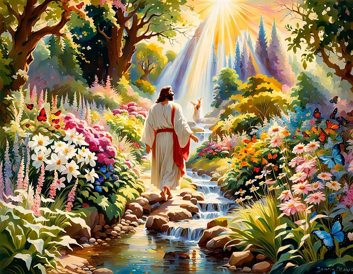 Jesus in Heaven Garden: Impressionist Gouache Painting