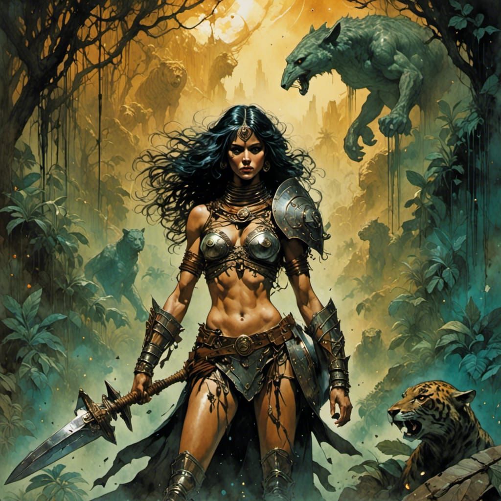 Medieval Jungle Warrior in Surreal Cosmic Landscape