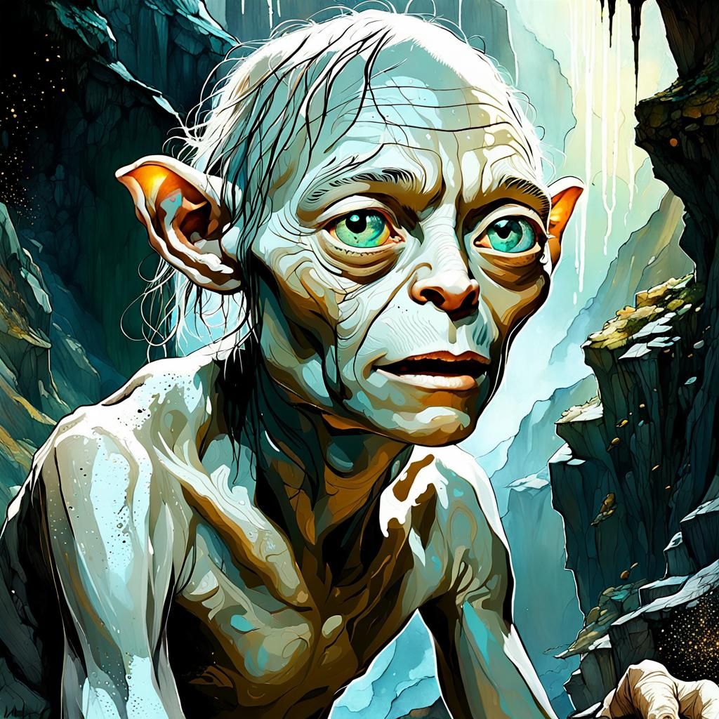 Expressive Gollum Portrait with Swirling Clouds