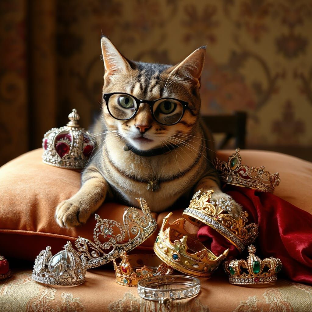 Sophisticated Cat Plays with Jeweled Crowns and Tiaras