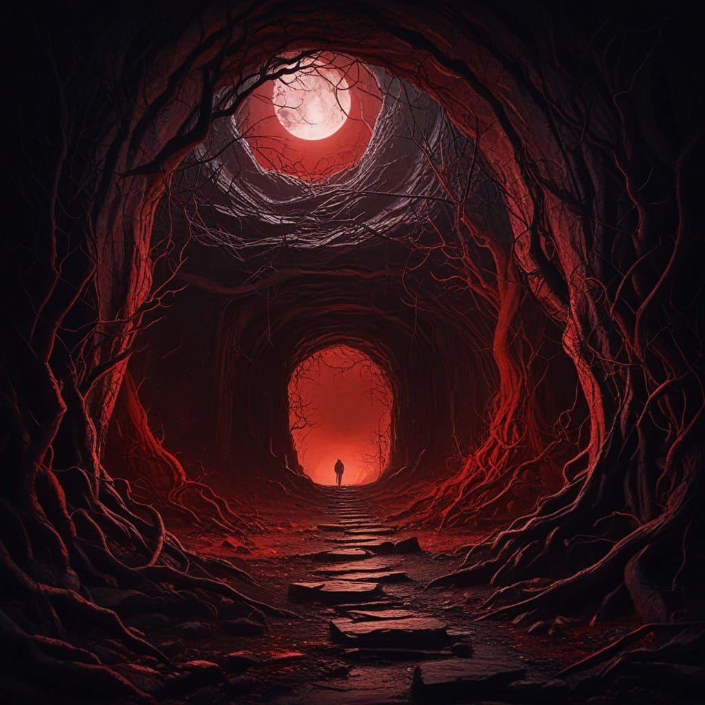 Demonic Tunnel Entrance Under Blood Moon: Dark Fantasy Art
