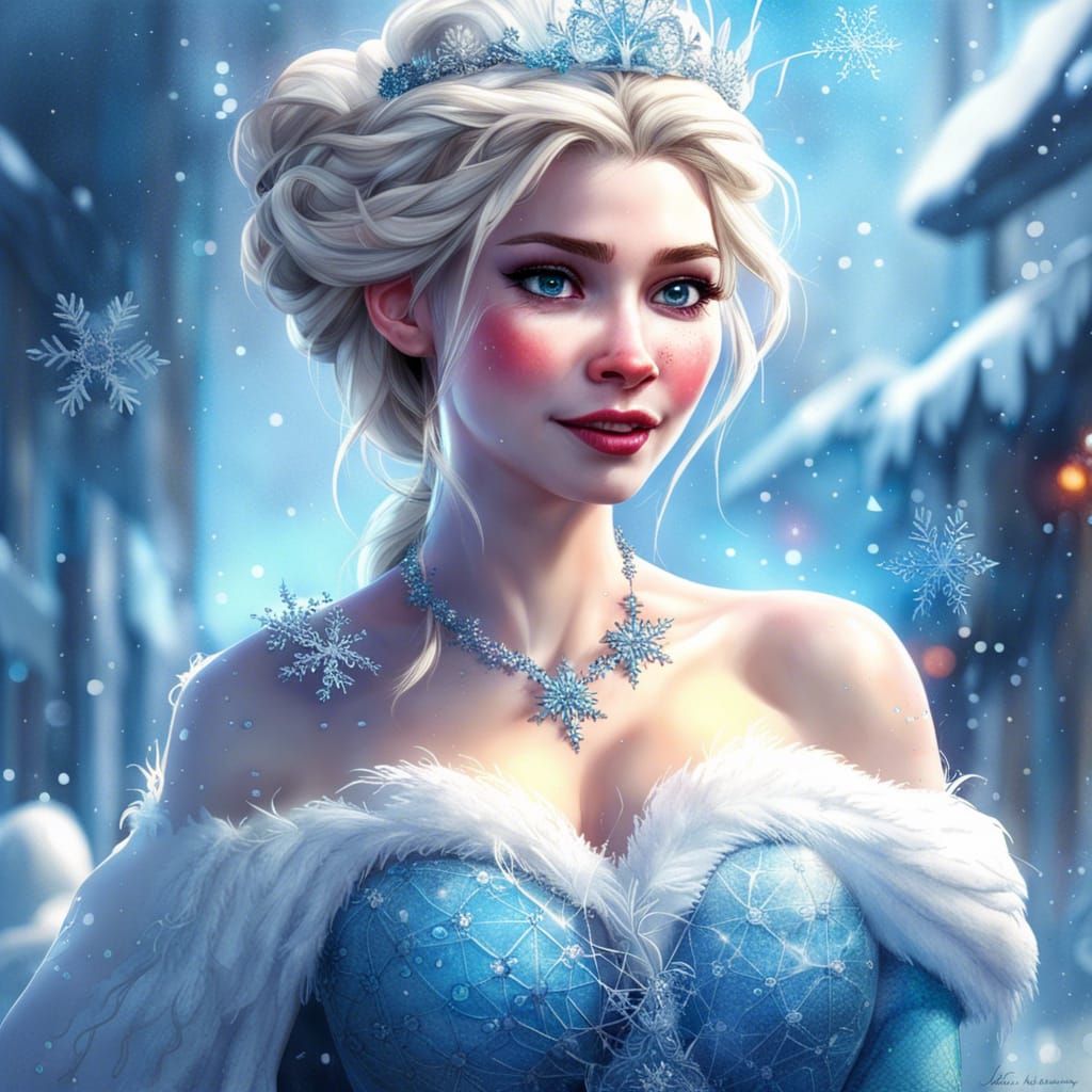Queen Elsa and Olaf in Hyperrealistic Winter Scene
