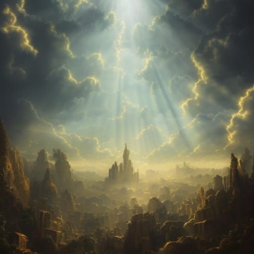 Cherubs in Clouds over Post-Apocalyptic World