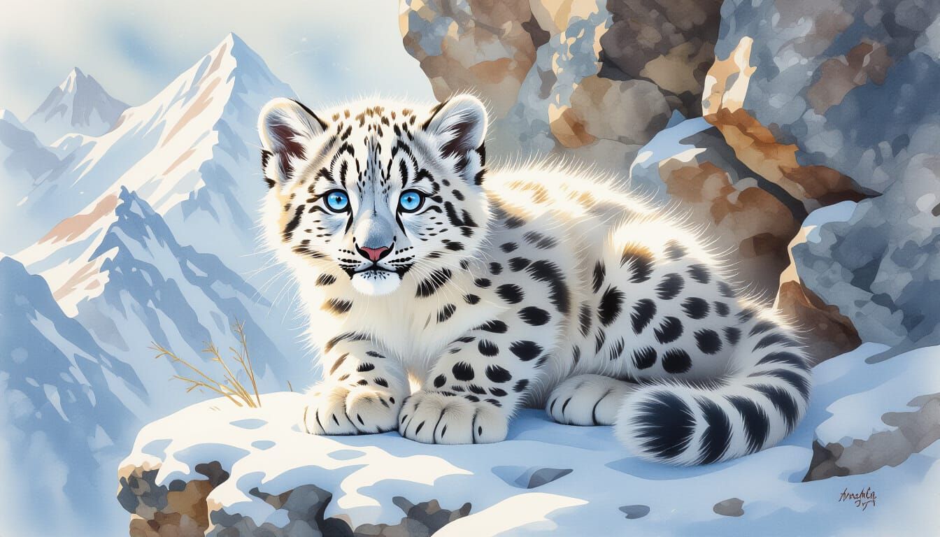 Adorable Snow Leopard Cub in Watercolour Style