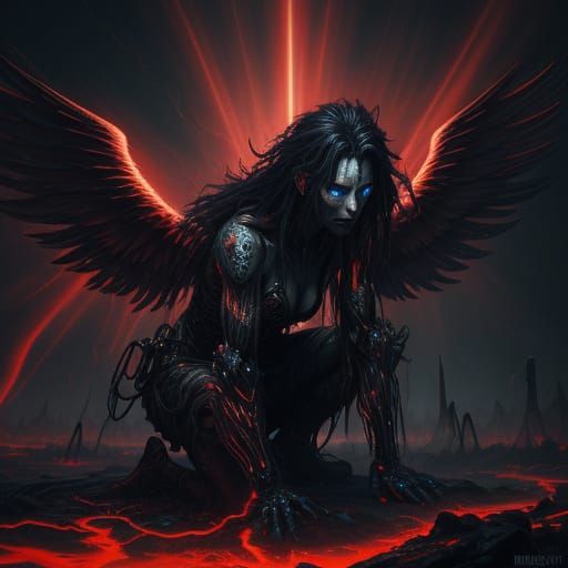 Fallen Angel in Dark Surreal Cyberpunk Style