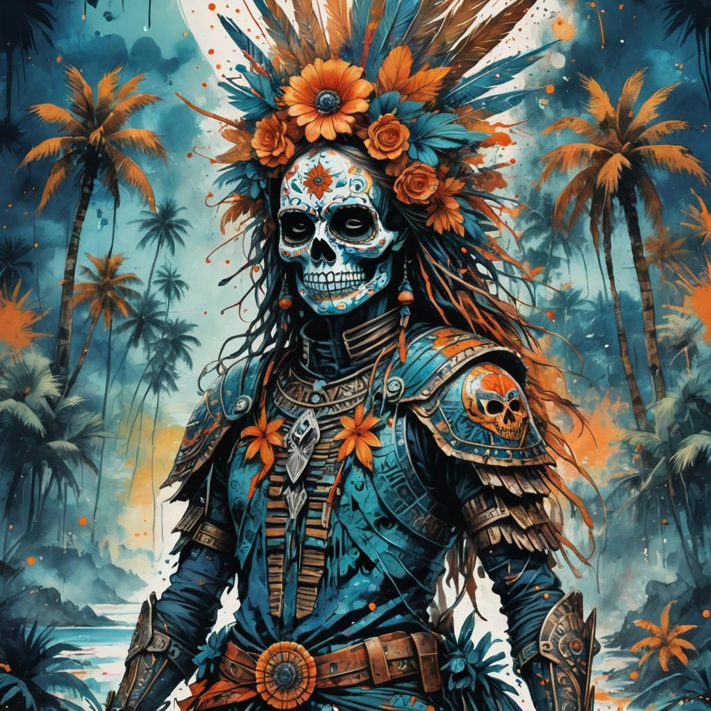 Micronesian Dia de los Muertos Warrior in Ink Splatter Style