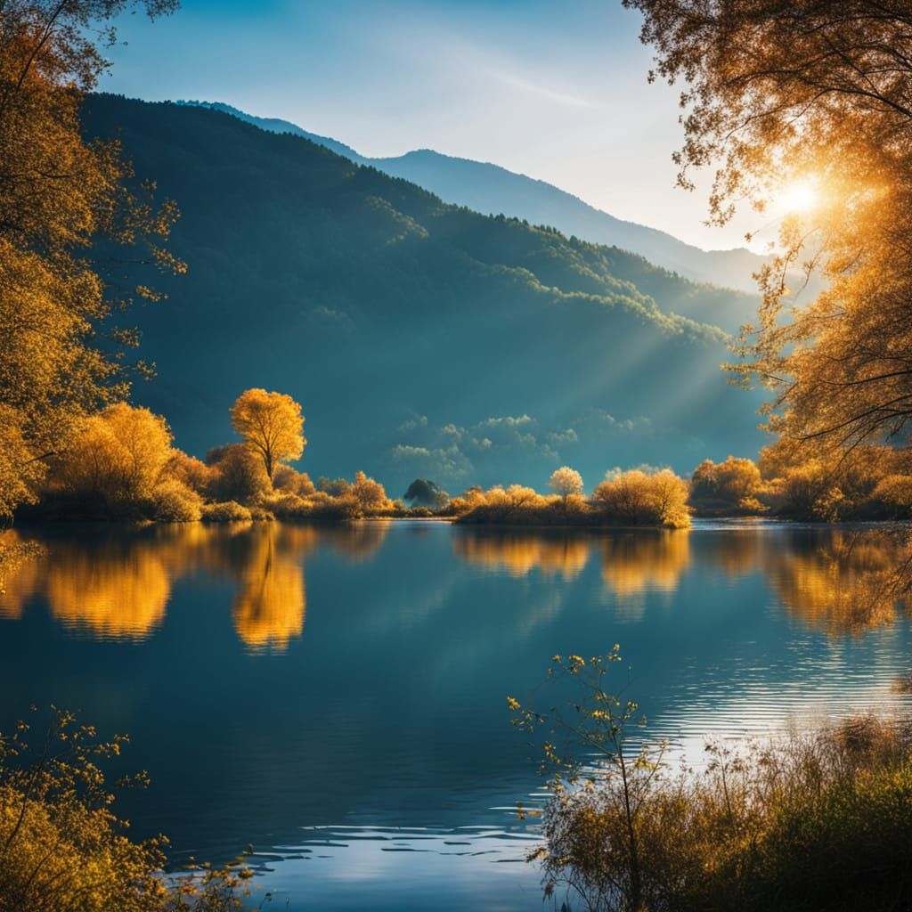 Vibrant Landscape Photo of Blue Lake in Sunlight