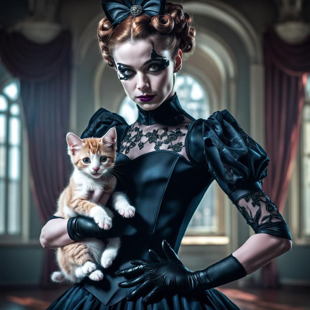 Hyperrealistic Ballerina Villainess with Kitten
