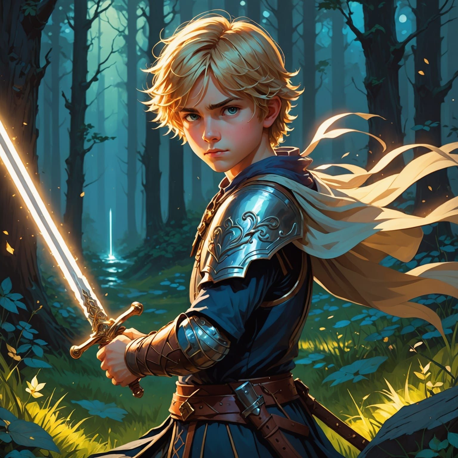 Boy with Glowing Sword in Waterhouse Anime Style